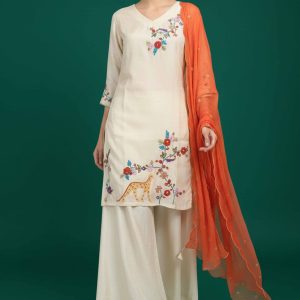 Chic Offwhite Viscose Palazzo Suit Featuring Floral Thread Embroidery & Moti Hand Work