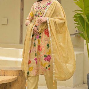 Chikoo Floral Printed Muslin Anarkali Style Salwar Suit With Hand Work
