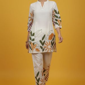 Chikoo Floral Printed Pure Cotton Suit Set Designed for Classic Party & Ethnic Wear