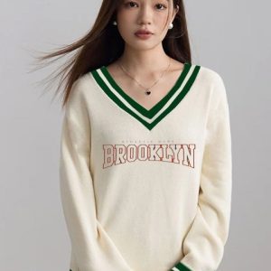 CLAFOUTIS Women Typography Printed V-Neck T-shirt