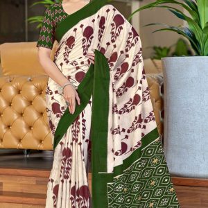 Cream & Green Abstract Printed Soft Pure Cotton Saree