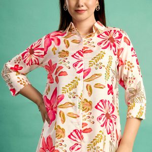 Cream & Pink Floral Printed Muslin Straight Top