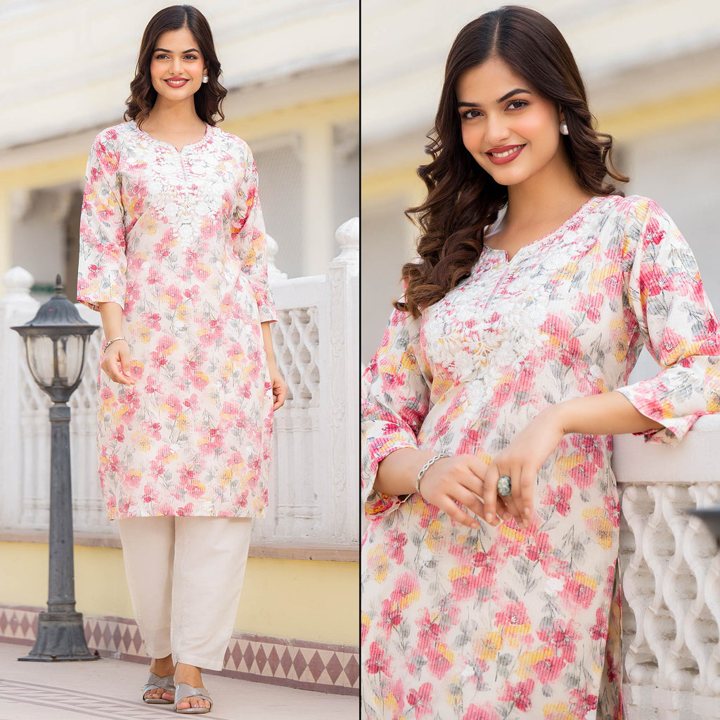 Cream & Pink Floral Printed Rayon Straight Kurti
