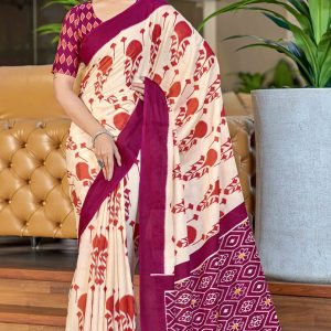 Cream & Wine Abstract Printed Soft Pure Cotton Saree