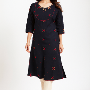 Dark Blue Handloom Cotton Woven Kurti in Elegant A-Line Silhouette