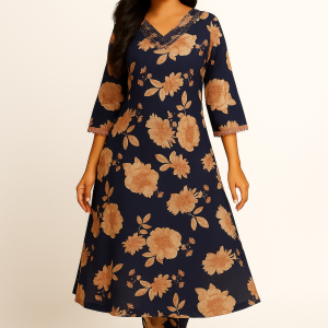 Dark Blue Pure Cotton A-Line Top & Bottom Set with Floral Print