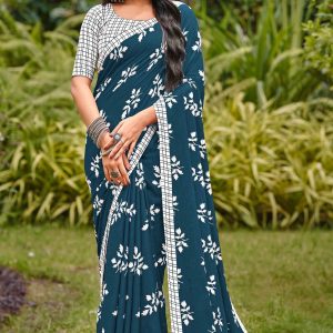 Dark Grey Floral Printed Fancy Light Weight Cotton Saree