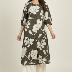 Dark Grey Rayon Kurti Accented with Delicate Floral Motifs