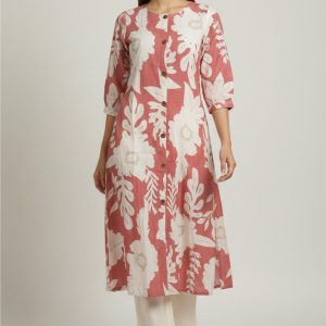 Dark Peach Comfortable & Trendy A-Line Kurti in Pure Cotton Fabric with Floral Design