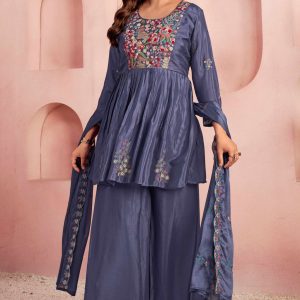 Dark Purple Viscose Chinon Salwar Suit with Handcrafted Floral Embroidery