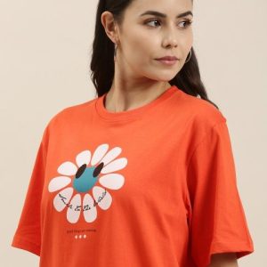 Difference of Opinion Women Orange Typography Printed Pure Cotton Oversized T-Shirt
