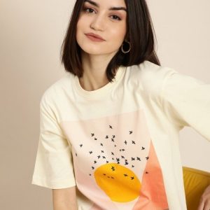 DILLINGER Women Cream-Coloured Printed Cotton Oversized Pure Cotton T-shirt