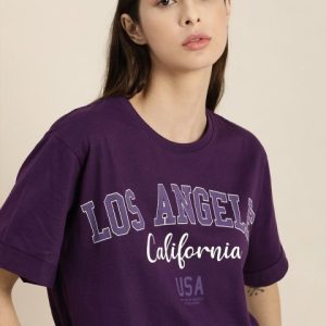 DILLINGER Women Purple Typography Printed Drop-Shoulder Sleeves Oversized Pure Cotton T-shirt