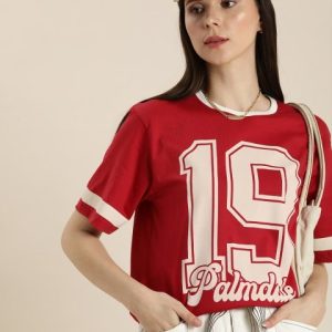 DILLINGER Women Red & Beige Typography Printed Pure Cotton Loose T-shirt