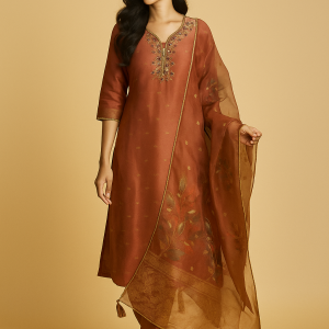 Elegant Brown Embroidered Shimmer Suit with Subtle Weaving and embroidered Details