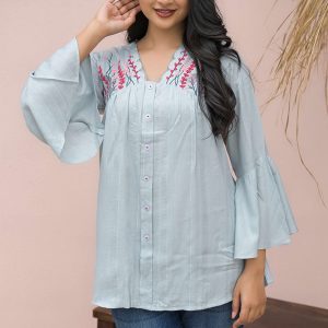 Elegant Light Sky Blue A-Line Cotton Top with Delicate Floral Work