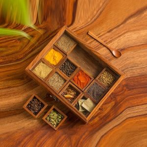 ExclusiveLane Brown Handcrafted Sheesham Wood Twelve Blends Spice Box with Spoon