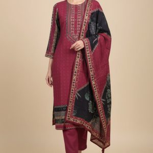 Festive Maroon Muslin Salwar Suit with Straight Cut and Neck Handwork