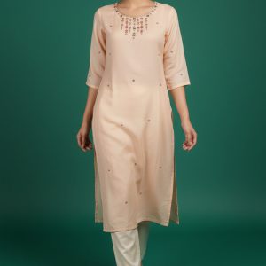 Festive Peach Viscose Rayon Salwar Suit with Straight Cut and Neck Handwork