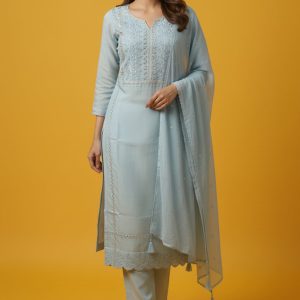 Festive Powder Blue Straight Viscose Blend Salwar Suit with Delicate Beads and Embroidery Detailing