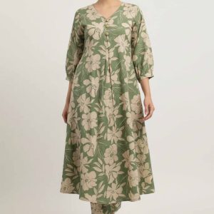 Floral Whisper Green Cotton Flex A-Line Cut Co-Ord Set