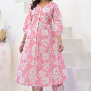 Floral Whisper Light Pink Cotton Flex A-Line Cut Co-Ord Set