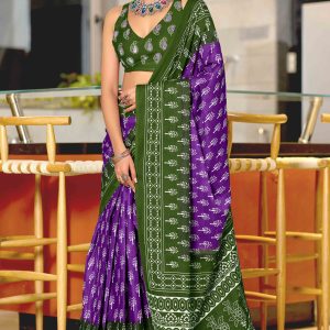 Fresh Green & Purple Soft Cotton Saree with All-Over Floral Prints