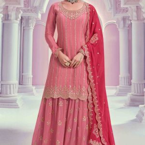Gajari Pink Sequins Embroidered Chinon Sharara Suit