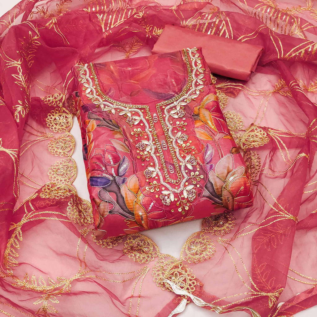 Gajri Pink Bloom Charm With Floral Print & Delicate Sequins & Moti Handwork Dress Material