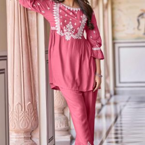 Gajri Pink Rayon Top-Bottom Co-Ord with Delicate Embroidery