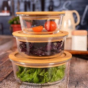 GOODHOMES Set Of 3 Glass Storage Box With Air tight Wooden Lid