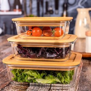 GOODHOMES Set Of 3 Glass Storage Box With Airtight Wooden Lid