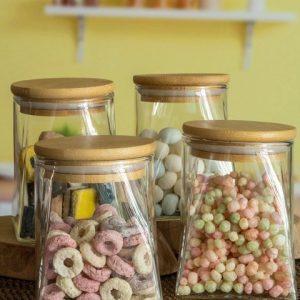 GOODHOMES Set Of 4 Transparent Glass Storage Jar With Wooden Lid