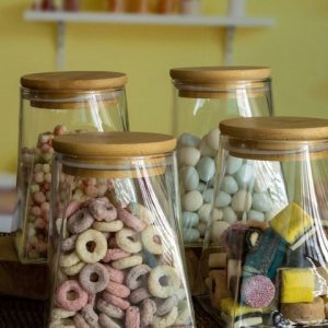 GOODHOMES Set Of 4 Transparent Glass Storage Jar with Wooden Lid