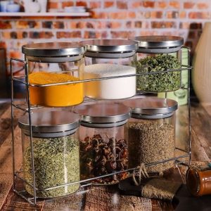 GOODHOMES Set Of 6 Transparent & Silver-Toned Glass Storage Jar with Metal Stand