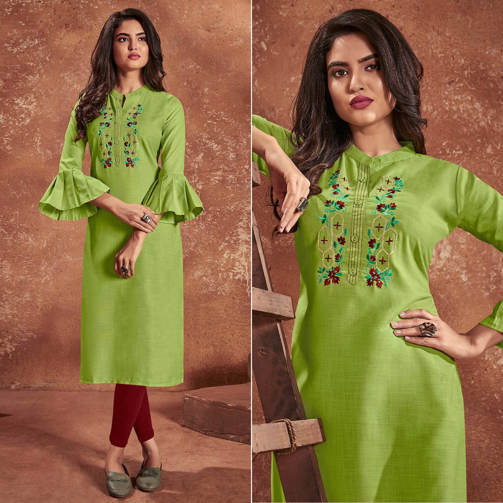 Green Casual Wear Embroidered Cotton Kurti