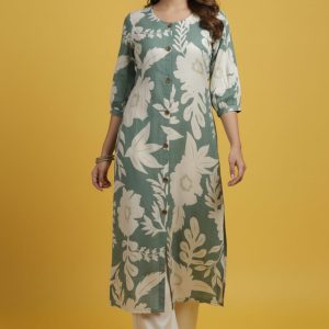 Green Comfortable & Trendy A-Line Kurti in Pure Cotton Fabric with Floral Design