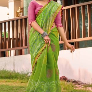 Green Cotton Saree with Modern Abstract Prints and Feminine Lace Trim