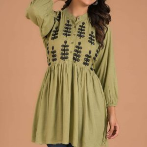 Green Embroidered Cotton Slub A-Line Top