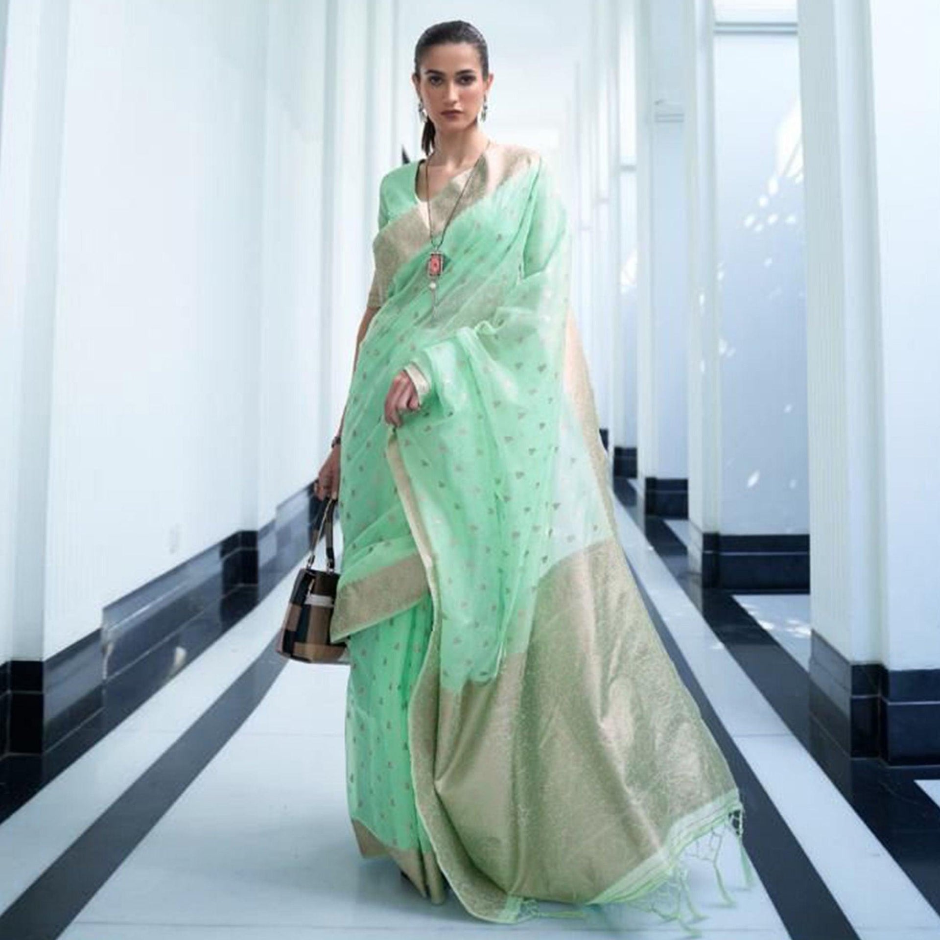 Green Festive Wear Woven Cotton Saree