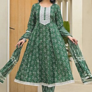 Green Floral Printed Pure Cotton Anarkali Salwar Suit