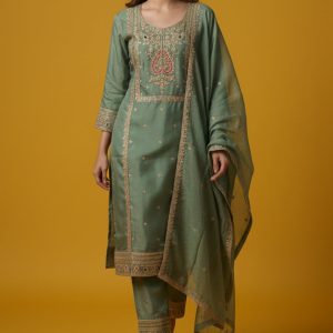 Green Organza Suit Accented with Thread & Sequins Work