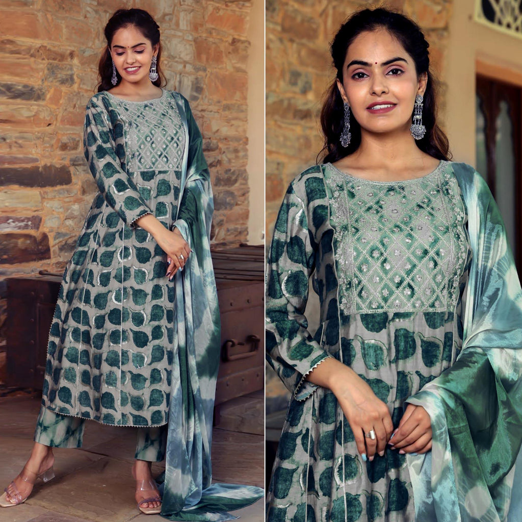 Green Printed With Gota Patti Work Muslin Anarkali Suit