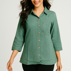 Green Pure Cotton Shirt Top with Embroidery Accent