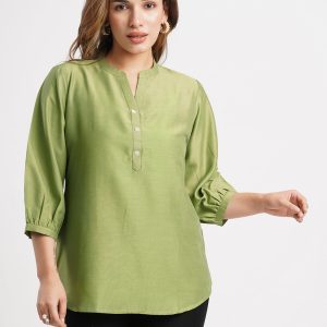 Green Solid Poly Chinon Straight Top