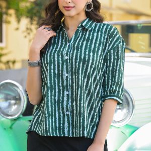 Green Striped Printed Pure Cotton Top