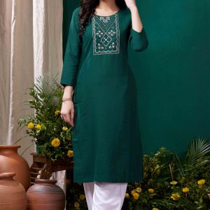 Green Yoke Embroidered Pure Cotton Straight Kurti