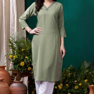 Green Yoke Embroidered Pure Cotton Straight Kurti