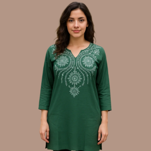 Green Yoke Embroidered Rayon Straigth Top