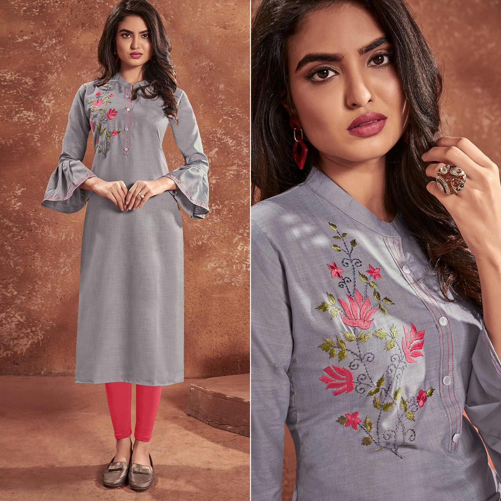 Grey Casual Wear Embroidered Cotton Kurti